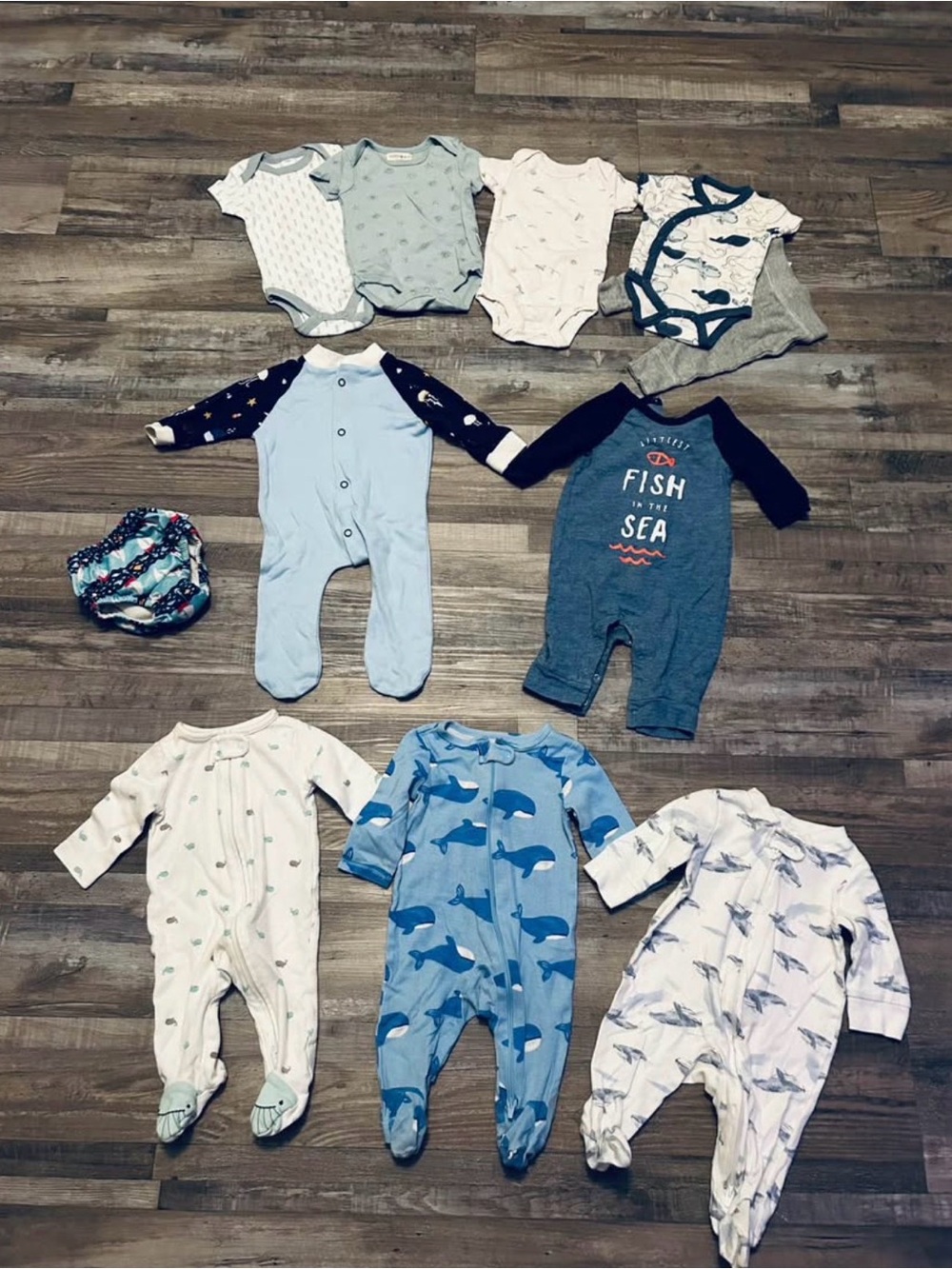 Baby Blue & Navy Fish-Themed One-Piece Footed Pajamas and Bodysuits - Unbranded